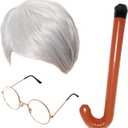 3Pcs Old Man Costume Accessories Grandpa Silver Wig with Glasses Inflatable Crutch for Men 100th Day
