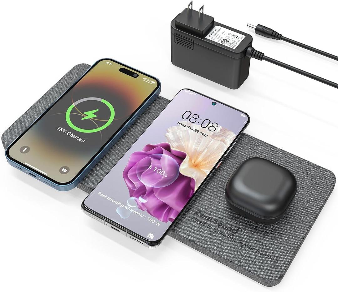 ZealSound Triple Wireless Charger,Charging Pad,Ultra Slim Fast 3x10W Charger Station for Multiple 3 Devices New Airpods Samsung Earbuds Mat Dock W/AC Adapter for All Wireless Charging Phones (Gray)