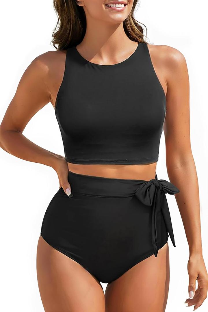 Aqua Eve Women High Waisted Bikini Set Racerback Swimsuit Two Piece Bathing Suit High Neck Swimwear (Black, M)