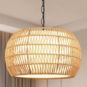 FRIDEKO HOME Rattan Chandelier 4-Lights Boho Pendant Light, Farmhouse Rustic Hanging Light Fixture with Fabric Shade Hand Woven Chandelier for Kitchen Island Dining Room Living Room (Brown)