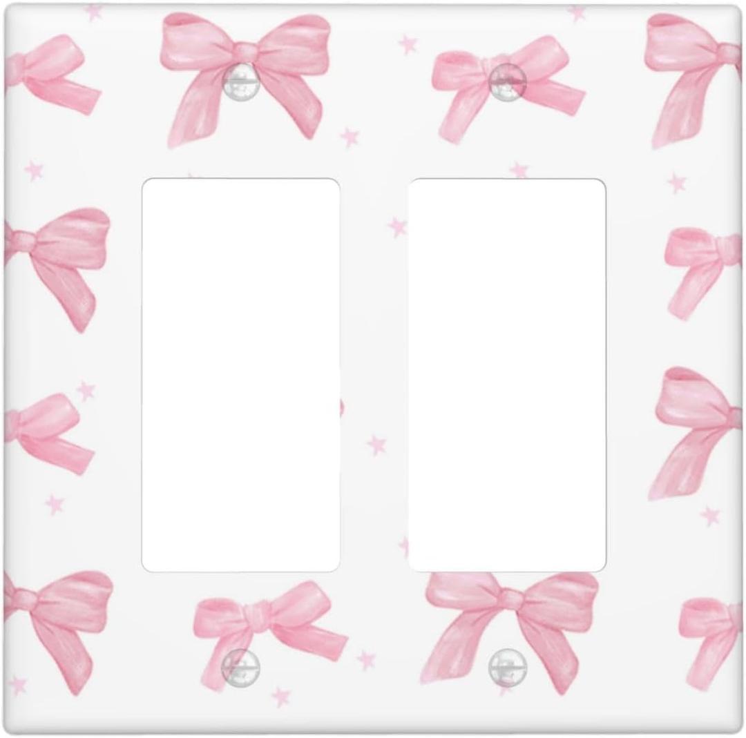 Pink Bow Double Rocker Light Switch Plate Cover 2 Gang Decorative Outlet Plate Electrical Wall Plate Covers Receptacle Decorate Plug Covers For Kitchen Bedroom Bathroom Decor 4.6" X 4.5"