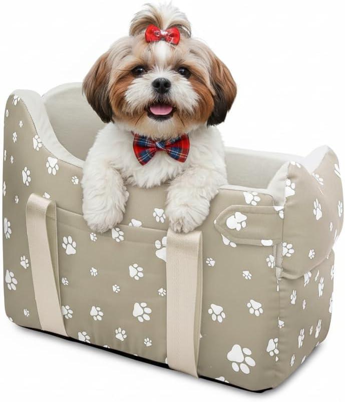 Dog Car Seat for Small Dogs (Under 15 lbs) Center Console Pet Carrier with Safety Belt, Storage Pockets & Removable Washable Cover (Khaki Car Seat)