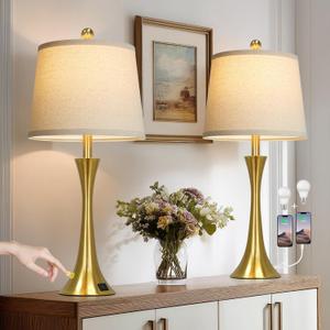 27.5" Gold Lamps Set of 2, Touch Control 3-Way Dimmable Bedside Nightstand Lamps Bedroom Lamp,Modern Gold Table Lamp with USB A+C Ports,Tall Lamps for Living Room End Table Home Office