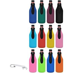 10 Pack Beer Bottle Cooler Sleeves Keep Drink Cold Zip-up Extra Thick Neoprene Insulated Sleeve Cover with Bottle Opener.