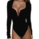 Women's Low Cut Bodysuit Sexy Leotards Deep V Neck Long Sleeve Body Suits Tops, L