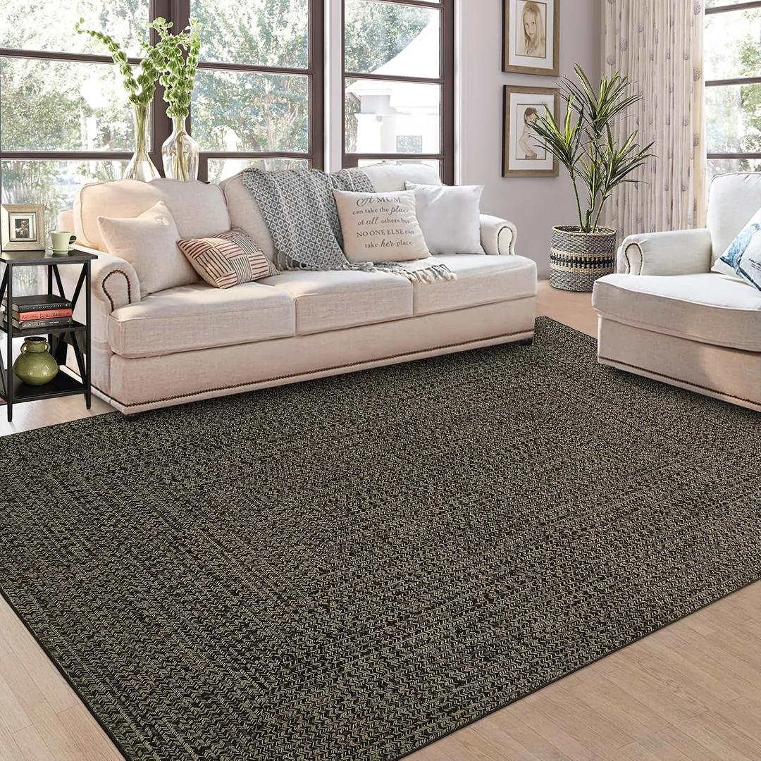 ROYHOME Area Rug 10x13 Extra Large Rug Print Braided Machine Washable Rug for Bedroom Stain Resistant Non-Slip Carpet Farmhouse Solid Printed Textured Floor Cover for Home Decor, Brown