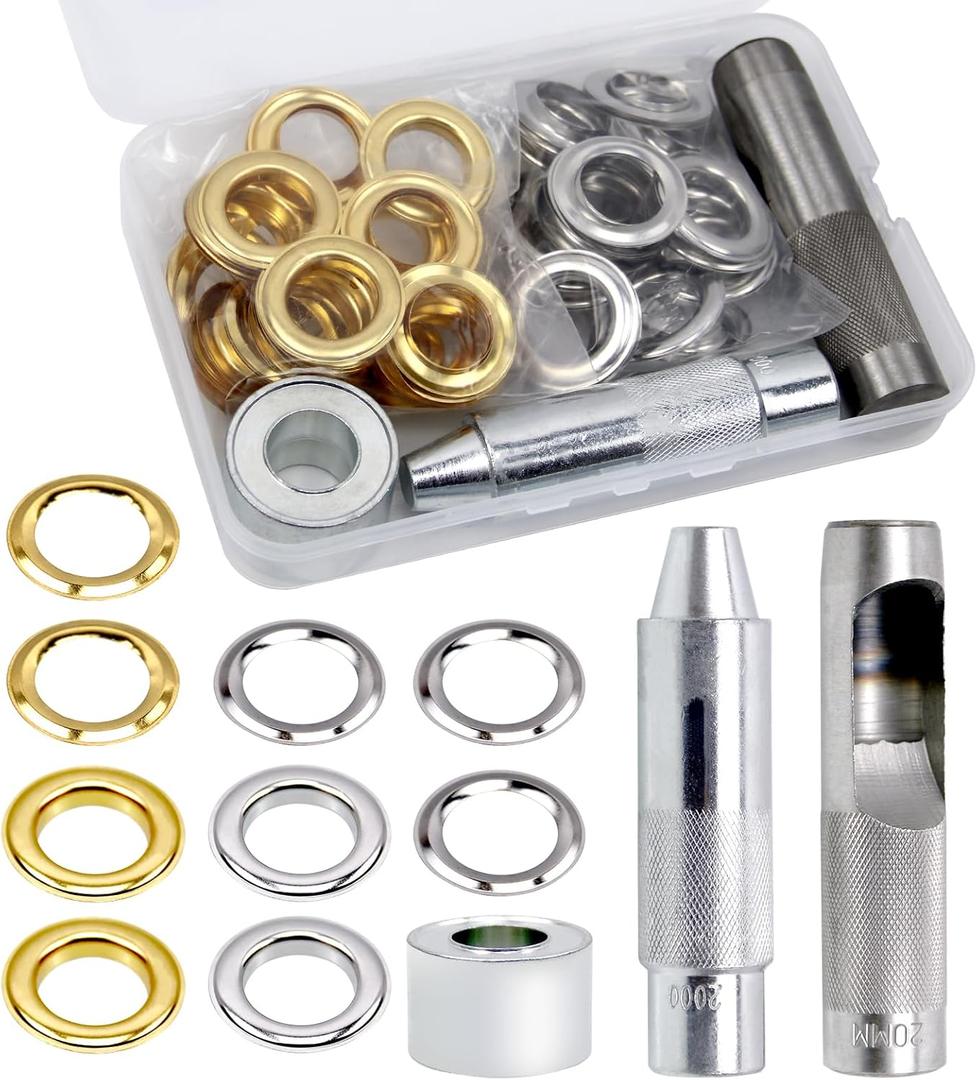 50 Set Grommet Tool Kit, Copper Grommets & Eyelets, 2 Colors, 20mm Inside Dia, 3 Pcs Install Tool, for Leather, Clothes, Belt & DIY Crafts
