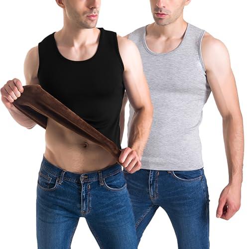 Flygo 2 Pack Thermal Tank Top Men Cotton Winter Warm Fleece Lined Underwear Sleeveless Vest Undershirt(Black+LightGrey, Large)