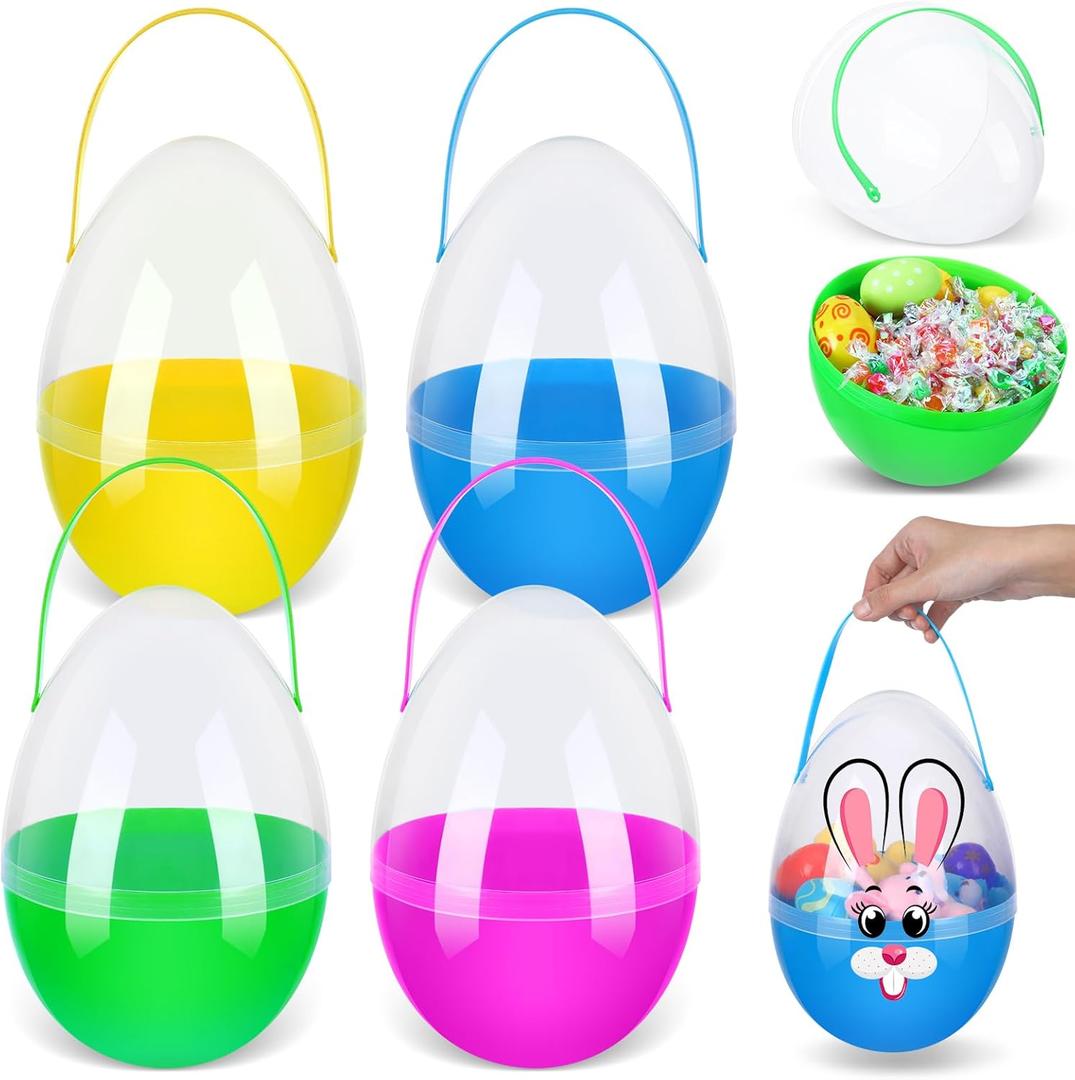 Funtery 4 Pcs Jumbo Easter Eggs 10 Inch Plastic Giant Easter Eggs with Handles, Clear Large Baskets Fillable Big Bunny Egg Shaped Baskets Containers Decoration (Classical Colors)