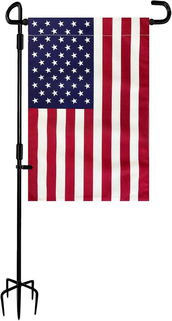 TOPFLAGS Garden Flag Stand with American Flag Garden Flag Heavy Duty Metal Yard Flag Holder Pole Stake Small Flag Stands for Garden Flags 12 x 18 with Clips and Stopper