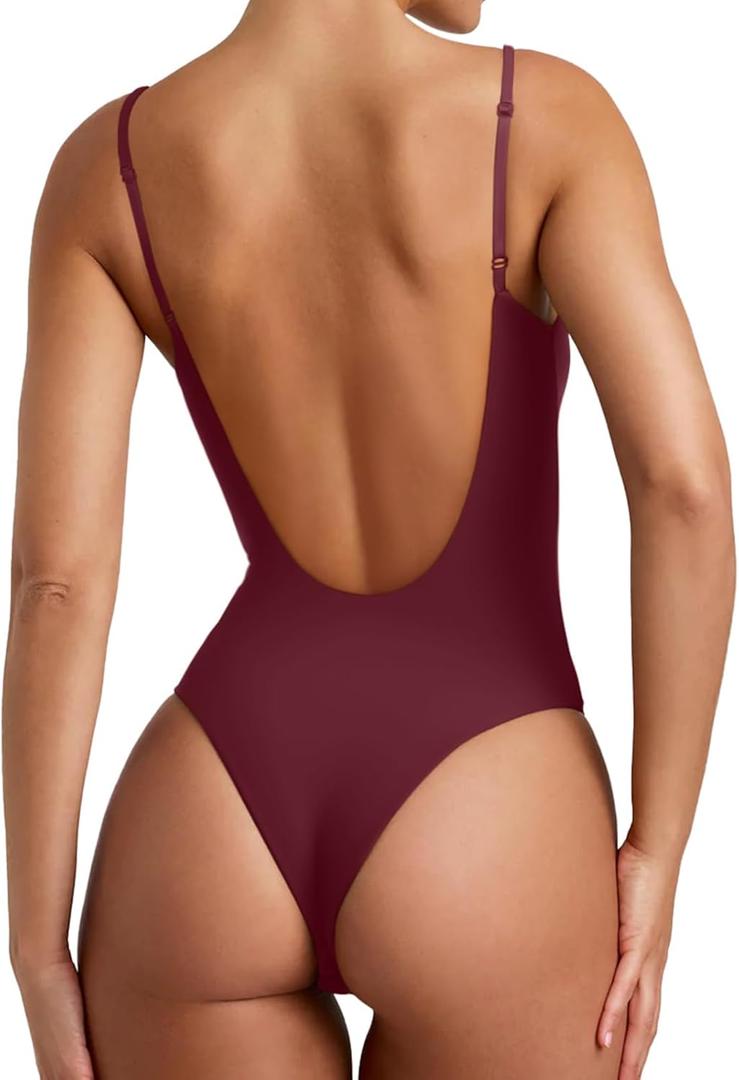 REORIA Womens Sexy Trendy Open Back V Neck Spaghetti Strap Backless Trendy Cami Bodysuit Tops (Large, Burgundy)