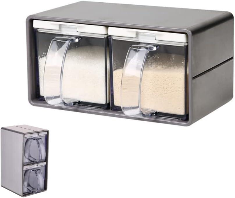 Salt Container With Lid And Spoon, Clear Seasoning Rack Spice Pots, 3 Piece Seasoning Box For Home Kitchen Caf Storing Salt Sugar Pepper Spice (2 Pieces)