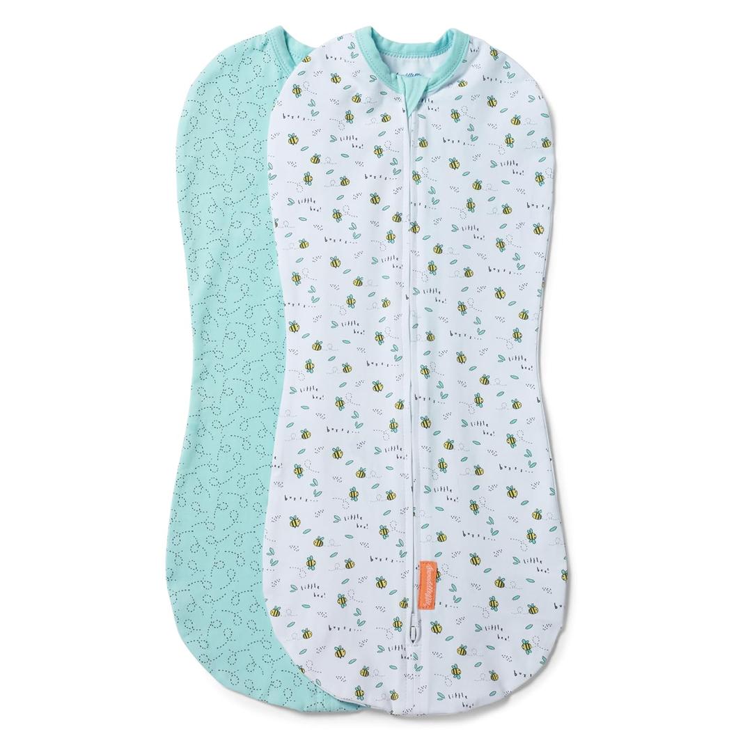 SwaddleMe by Ingenuity Compression Baby Swaddle Pod, Two-Way Zipper for Easy Diaper Changes, Improves Sleep & Calms Startle Reflex, 0-2 Months, 1.0 TOG, 2-Pack - Little Bees