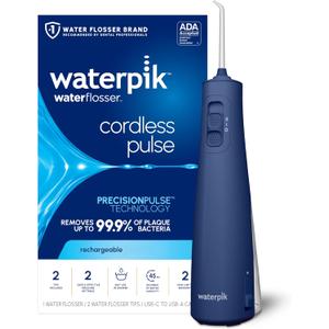Waterpik Cordless Pulse Rechargeable Portable Water Flosser for Teeth, Gums, Braces Care and Travel with 2 Flossing Tips, Waterproof, ADA Accepted, WF-20 Blue, Packaging May Vary