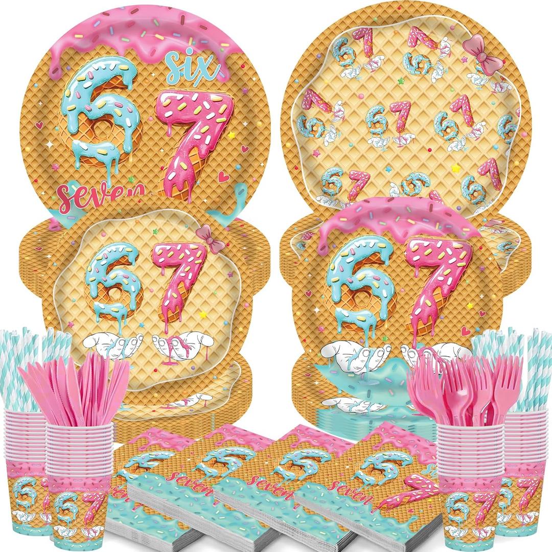 140PCS 6 7 Birthday Party Decorations Paper Plates Napkins Cups Forks Knifes Tableware Set 6 7 Birthday Themed Supplies Serve 20 Guests