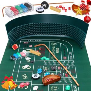 Craps Tabletop Game Set with 35*70" Rubber Craps Tabletop Layout Mat, 48*11" Rubber Craps Diamond Pyramid Bumper, 36" Rattan Stick, Casino Grade 19mm Dice, On/Off Button and 100 pcs Chips