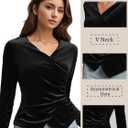 Women's Velvet Wrap Top, Wrap V Neck Ruched Asymmetrical Long Sleeve Slim Fit Dressy Blouse (Black)