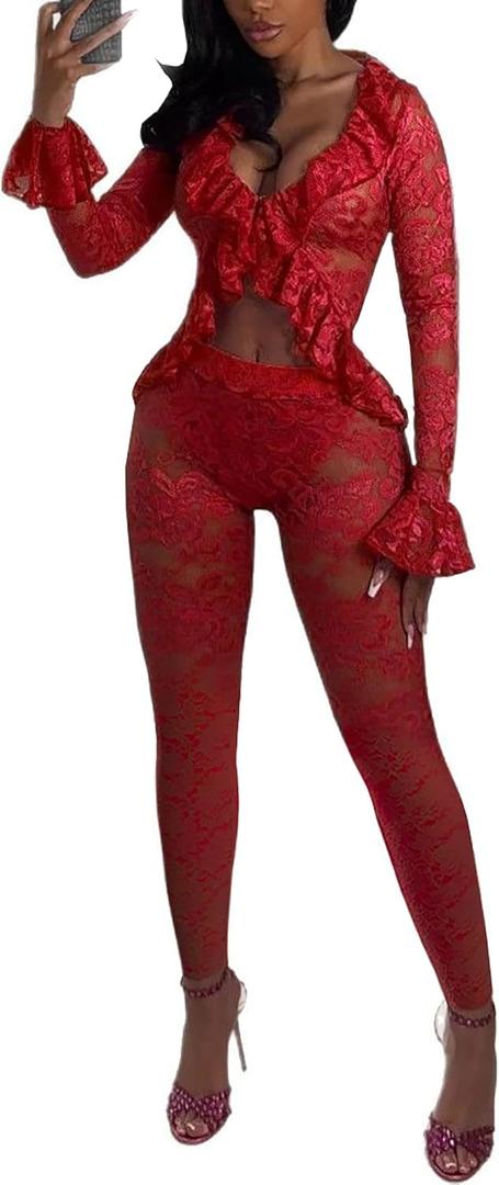 Acelyn Women 2 Piece Lace Sets Sexy Bodycon Mesh Sheer Floral Lace Legging Pants Club Outfits Long Sleeve Ruffle Cardigans (Red), XXL