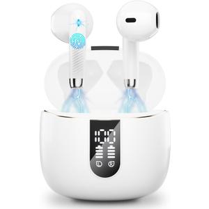 Wireless Earbuds, 2024 Bluetooth Headphones V5.3 Ear Buds Built-in ENC Noise Cancelling Mics, 40H Stereo Bass Bluetooth Earbuds with Dual LED Display, IP7 Waterproof Earphones for Android iOS, White (C-White)