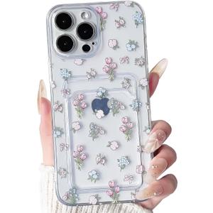 NITITOP Compatible with iPhone 15 Pro Max Case with Card Holder Clear Cute Stylish Floral Flowers Design for Women Girls Soft TPU Shockproof Wallet Case Protective Phone Cover - Tulip