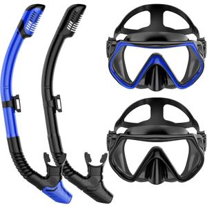 Snorkeling Gear for Adults, Adult Snorkel Mask Set Scuba Diving Dry-Top, Swimming Goggles w/Nose Cover, HD Tempered Glass Panoramic Anti-Leak Anti-Fog, Travel Snorkeling Packages, 2 Pack (Black+Blue)