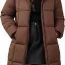 Women's Hooded Long Puffer Coat Winter Warm Full Zip Lightweight Quilted Jacket with Pockets (Large, Brown)