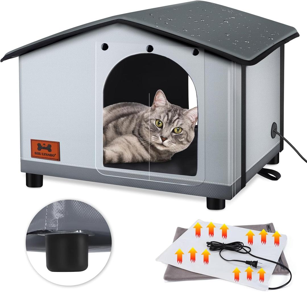 Insulated Heated Cat House Indoor/Outdoor, Elevated Cat House with Heated Pad for Winter, Outside Weatherproof Shelter for Feral Cats and Small Dogs (20"x17"x16")