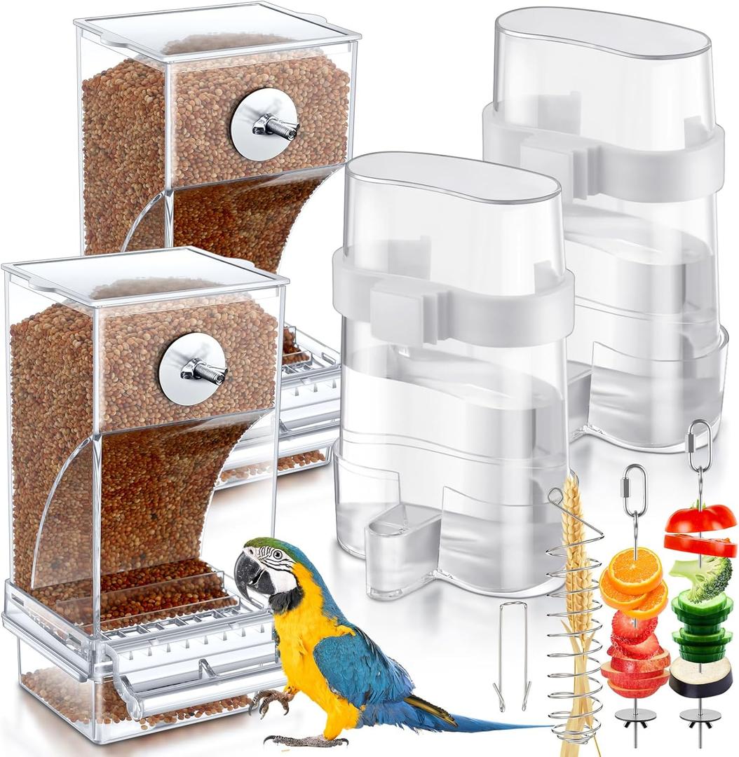 7 Pcs No Mess Bird Feeders Set Automatic Clear Parrot Feeder and Watered Dispenser Cage Accessories Stainless Steel Parrot Fruit Vegetable Skewer Foraging for Lovebirds Budgies Canary Finch