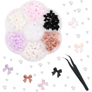 Bow Nail Charms, 6 Colors 3D Bowknot Charms with Pearl Stone Nail Charms Resin Nail Pendants Nails Rhinestones with Black Tweezers Nail Decorations for Nail DIY Craft Design