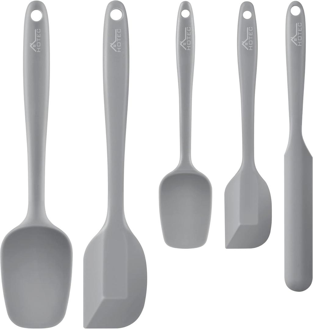 HOTEC 600℉ Heat Resistant BPA-Free Silicone Rubber Spatula Set, Kitchen Cooking Spatulas, Baking, Mixing for Non Stick Cookware, Dishwasher Safe, Set of 5 Grey