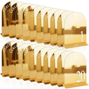 AceOrbit Gold Wedding Table Numbers 1-20 with Stands 5" x 7" Gold Acrylic Wedding Signs with Holder Mirrored Arch Numbered Signage Double Sided Tabletop Reception Sign for Anniversary, Event Decor