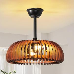 20'' Caged Ceiling Fan with Light, Wooden Low Profile Ceiling Fan with Light and Remote, 6 Speed and Reversible, Farmhouse Fandelier Bladeless Fan Lights for Bedroom, Kitchen (Hanger Rod)