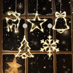 5 Pack Christmas Window Lights, Warm White X-Mas Tree, Reindeer, Bell, Snow, Star Lights, Battery Operated Christmas Window Decorations with Suction Cup and Timer Function for Window Glass Decor