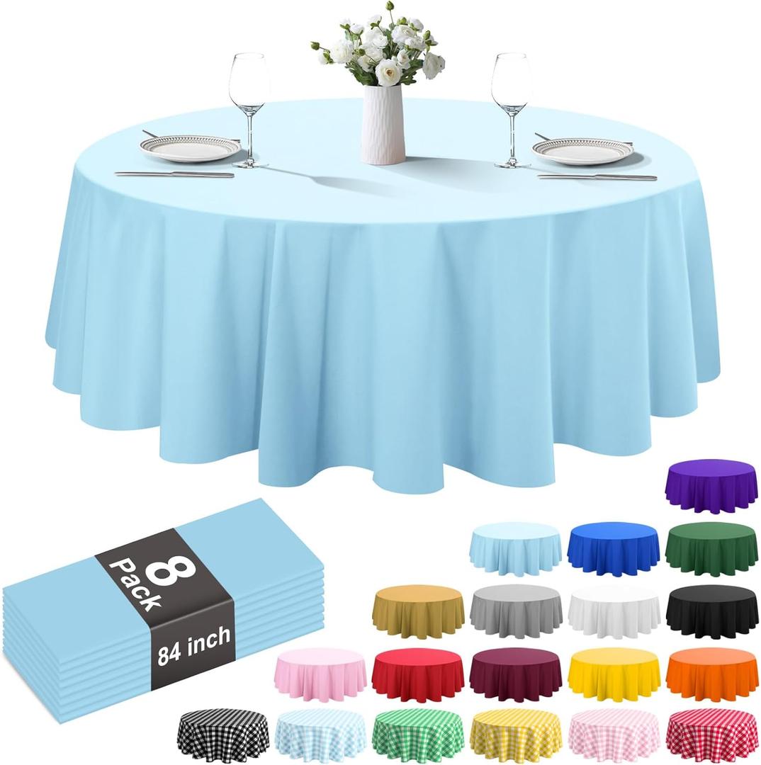 8 Pack Plastic Tablecloth 84" Disposable Table Cloths for 6 to 8 Foot Tables Round Table Cover for Parties (Light Blue, Round)