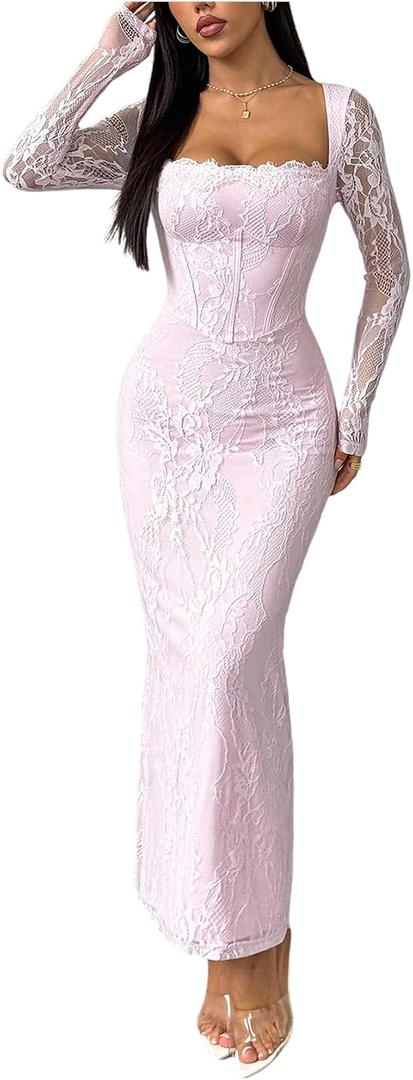 OYOANGLE Women's Floral Lace Slit Back Fishtail Long Dress Square Neck Cocktail Bodycon Maxi Dresses, Small