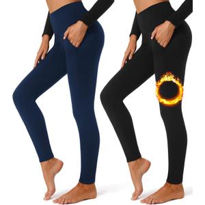 FULLSOFT 2 Pack Fleece Lined Leggings with Pockets for Women High Waisted Thermal Winter Yoga Pants for Workout Running, Medium