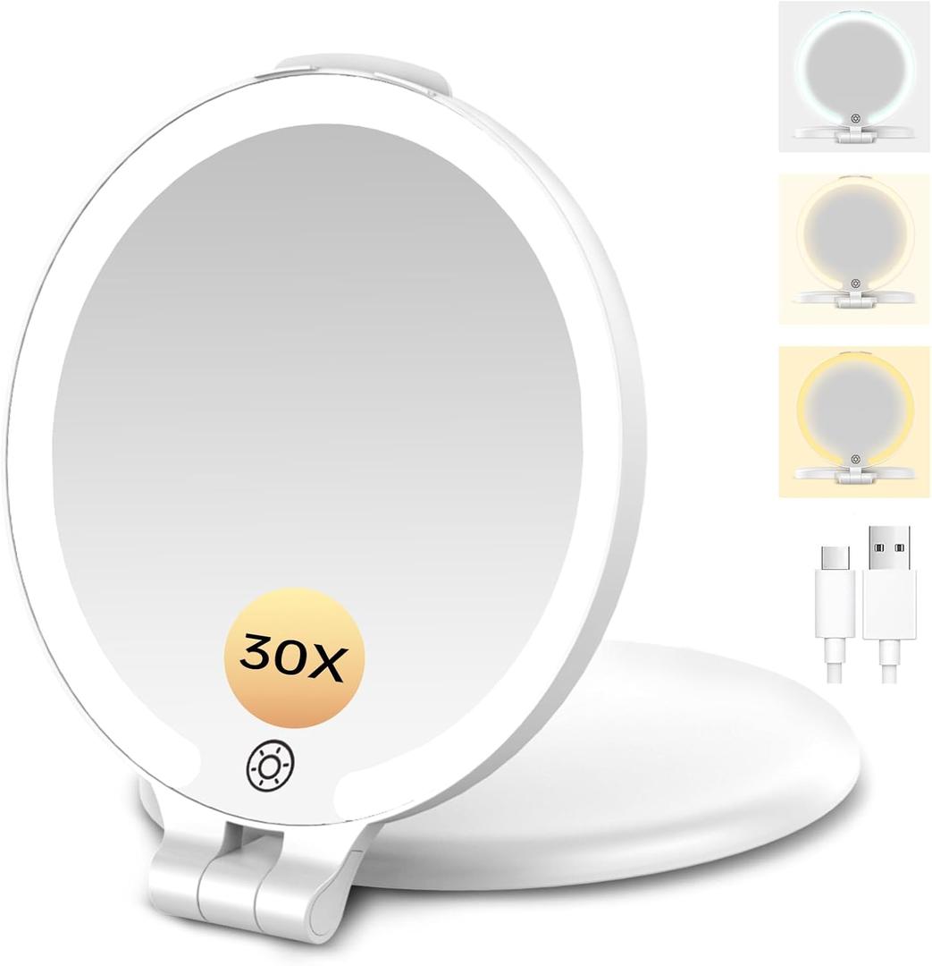 FUNTOUCH Rechargeable Travel Makeup Mirror 30X Magnification, 7" Lighted Portable Vanity Mirror with 3 Colors Lighting & Stepless Dimming, Double Sided LED Mirror, Gift for Women,White