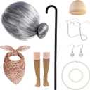 10Pcs Old Lady Costume 100 Days of School Wig Glasses Necklace Earrings Kerchief Stockings Cane for Halloween (Gray)
