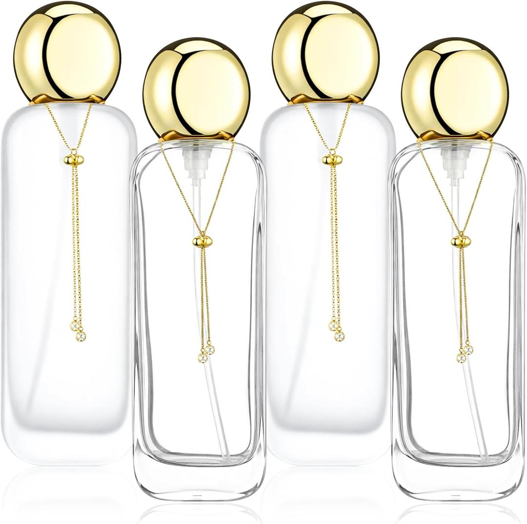 4 Pcs 4oz Luxury Glass Bottles with Pump Glass Toner Bottle with Gold Chain Perfume Spray Bottle Travel Lotion Vial with 2 Plastic Pump Head 2 Spray Head for Cosmetic Toner(Frosted and Clear)