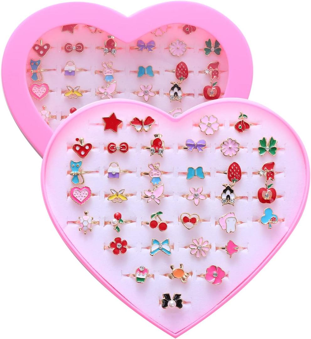 PASEMM 36pcs Little Girl Alloy Jewelry Rings, Adjustable, No Duplication Kids Play Ring in Box,Pretend and Dress Up Rings for 4-12 Year Old Girls Birthday Holiday Gifts, 4 5 6 7 8 9 10 11 12 Year Old Girl Toys for Kids