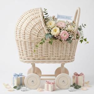 Wicker Baby Carriage Wicker Stroller for Baby Shower Vintage Woven Rattan Flower Basket Decorative Cart Storage with Handle for Floral Arrangement Wedding Photo Props(Cream,20 in)