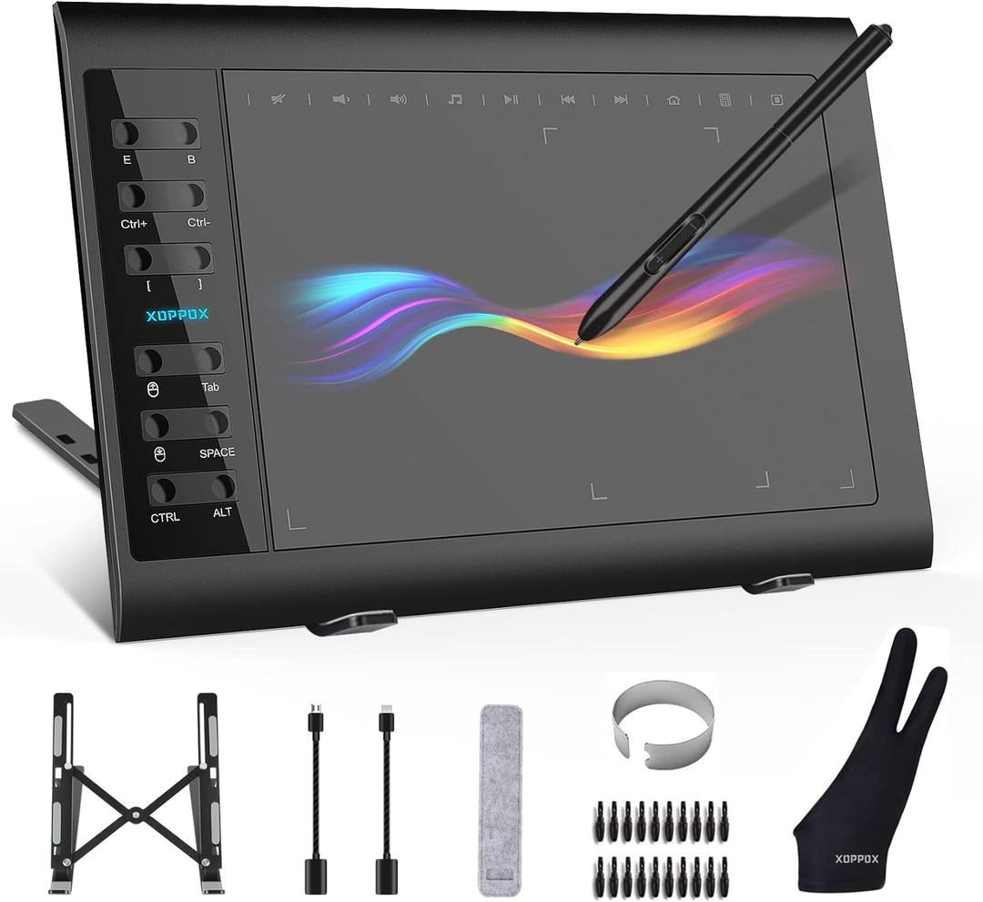 XOPPOX Graphics Drawing Tablet 10 x 6 Inch Large Active Area with 8192 Levels Battery-Free Pen and 12 Hot Keys, Compatible with PC/Mac/Android OS for Painting, Design & Online Teaching Black