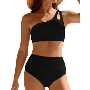 Buauty One Shoulder Swimsuits for Women High Waisted Bikini Set Ruched Two Piece Bathing Suit Beach Vacation Swimwear (Medium, A01-black)