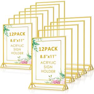 Enayplon Acrylic Sign Holder 8.5 x 11, 12 Pack Double Sided Flyer Holder, Table Menu Holder Display Stand for Wedding, Party, Gold Picture Frame Stand up Table Top Menu Holder