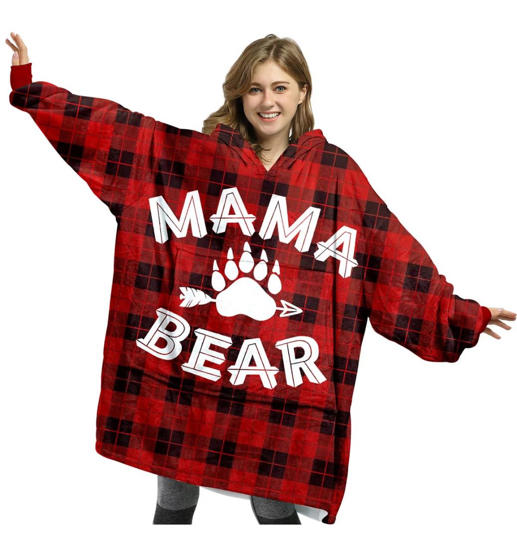 Mama Bear Wearable Blanket Hoodie – Buffalo Plaid Hooded Blanket for Mom, Mothers Day, Birthday Gifts from Daughter, Son and Husband, Gifts For Wife From Husband, Wife Birthday Gift, One Size
