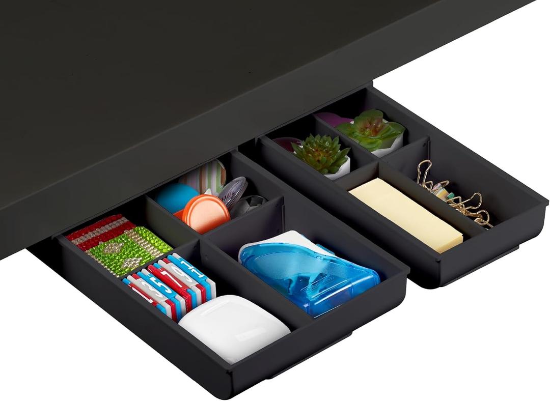 Bostitch Konnect Under Desk Drawer, Self-Adhesive Slide Out Storage Organizer with 4 Customizable Dividers, 2-Pack (Black)