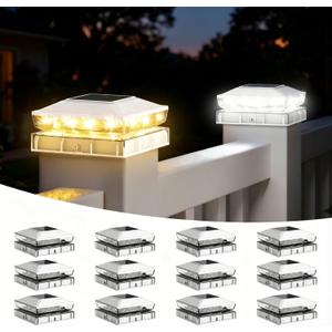Solar Post Cap Lights Outdoor, 12 Pack Upgraded Waterproof Deck Fence Post Solar Lights for 3.5x3.5 4x4 5x5 Vinyl/Wood Posts, 10-12 Hours Warm/Cool White Glow for Garden/Patio/Porch - White