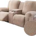 Genina Recliner Loveseat Covers with Console, Stretch Reclining Sofa Covers, 2 Seater Couch Cushion Stripe Jacquard Recliner Slipcovers - Furniture Protector Covers for Pet Kid (Taupe)