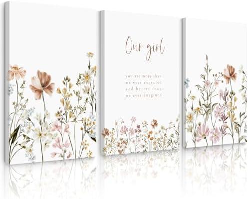 Lhoiplme Wildflower Nursery Wall Art Decor Baby Girl Room Canvas Pictures Boho Floral Nursery Wall Decor Botanical Print Pink Flower Painting for Bedroom 16x24x3 Inch Wrapped Canvas