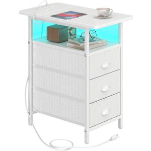 End Table with Charging Station,LED Side Tables with USB Ports and Outlets,Narrow Nightstands Bedside Tables with 3 Drawers PU Finish for Small Space,Slim Sofa Table for Livingroom,White